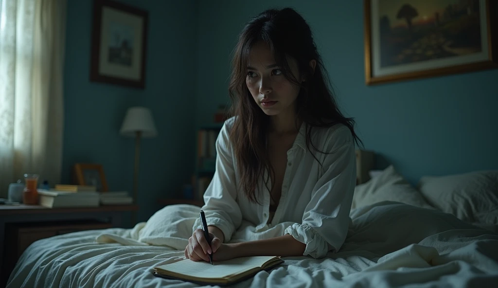 "A 20-year-old art history student is experiencing vivid and haunting dreams filled with mysterious and intense emotions she cannot identify. The scene shows her waking up in her dorm room, looking troubled and disoriented, as she writes down her dreams in a journal beside her bed.