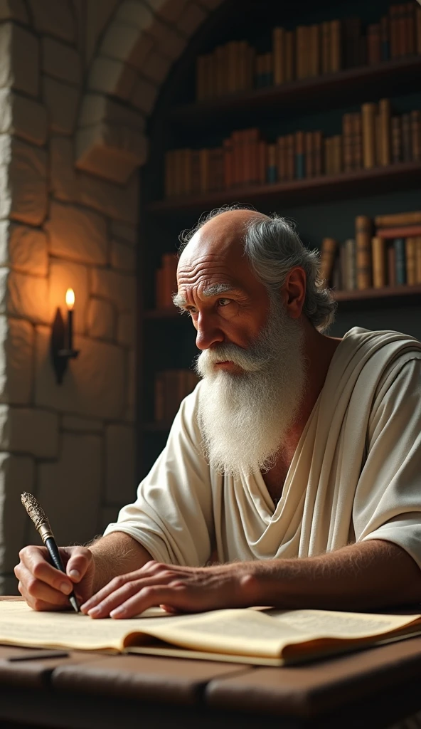 Close-up shot, Low angle shot, (Chrysippus “A wise, elderly man with a long, flowing white beard and piercing eyes, dressed in a simple but elegant white toga”, leaning over a large wooden table filled with scrolls and parchment, his brow furrowed in concentration. His eyes are focused and intense as he writes furiously with a quill, the candlelight flickering and casting shadows on his face. The room is dimly lit, with stone walls and shelves filled with ancient texts, creating an atmosphere of intellectual pursuit and deep contemplation.) unreal engine, cinematic, hyper-real, highly detailed, Ultra realistic HD --q 2 --v 6.1 --ar 9:16