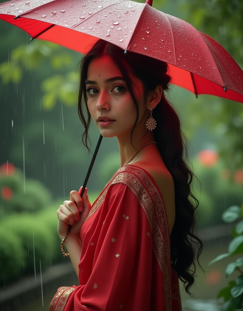 a beautiful girl standing in garden with an umbrella in the rain,girl wearing red saree,detailed face,beautiful eyes,long eyelashes,detailed lips,detailed skin,realistic,photorealistic,4k,8k,highres,masterpiece,ultra-detailed,vivid colors,dramatic lighting,cinematic,digital art