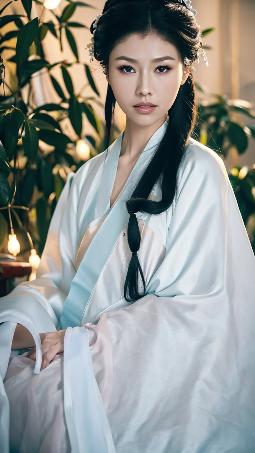 1 Fashion Model [[[[close up]]]], [[[[neck]]]], [[[[Shoulder]]]], (((Complete head)))，(((Complete hairstyle)))，Perfect eyes, Perfect Iris，Perfect lips，Perfect Teeth，Perfect skin，White skin，Soft headlights，High-density imaging，Black long hair，（Clean and delicate face），((White Hanfu))，((Half-length photo))，((night))，((Chinese Lanterns))，((Various dynamic poses))，((The background is the bedroom))，best quality，masterpiece，（Soft colors：1.2）