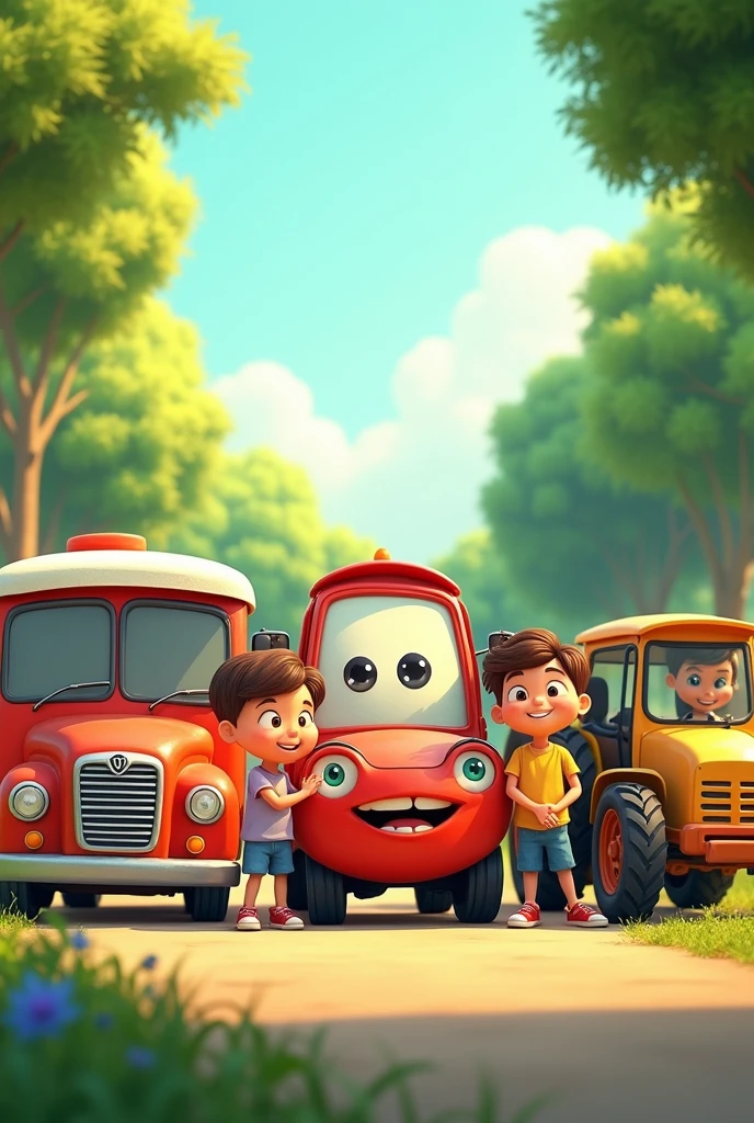 1 bus, 1 smiling car, 1 tractor, 1 bike in front, with smiling children, next to each other in the park.