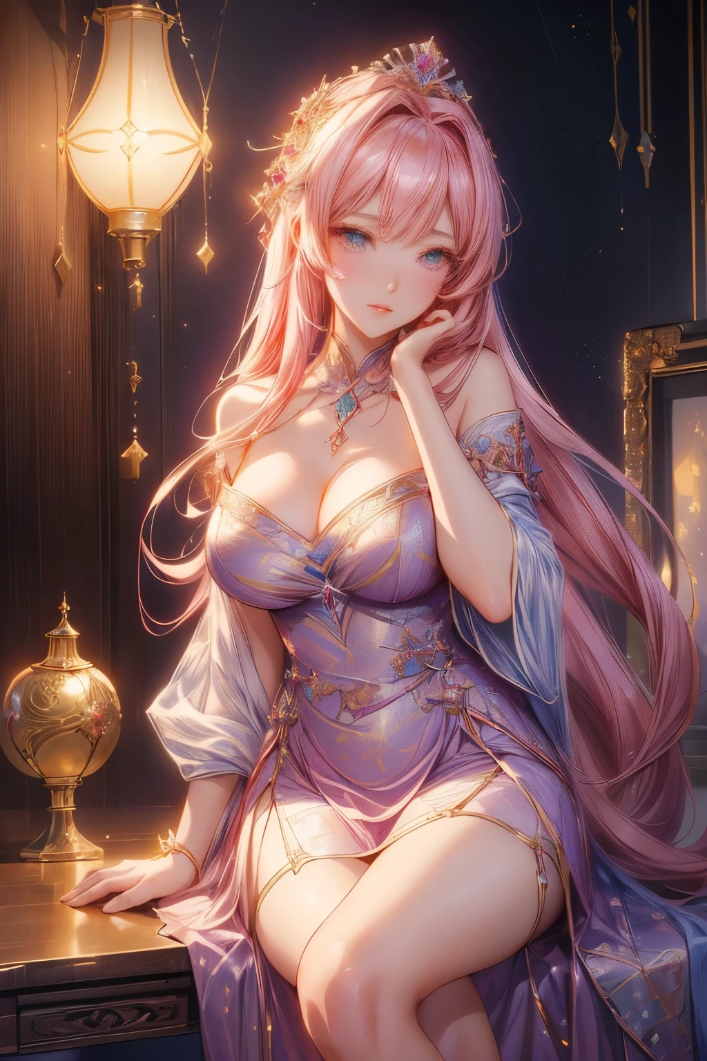a woman sitting on a table with a lamp and a vase, anime goddess, beautiful alluring anime woman, seductive anime girl, cushart krenz key art feminine, 8k high quality detailed art, cute anime waifu in a nice dress, ((a beautiful fantasy empress)), ayaka genshin impact, 2. 5 d cgi anime fantasy artwork