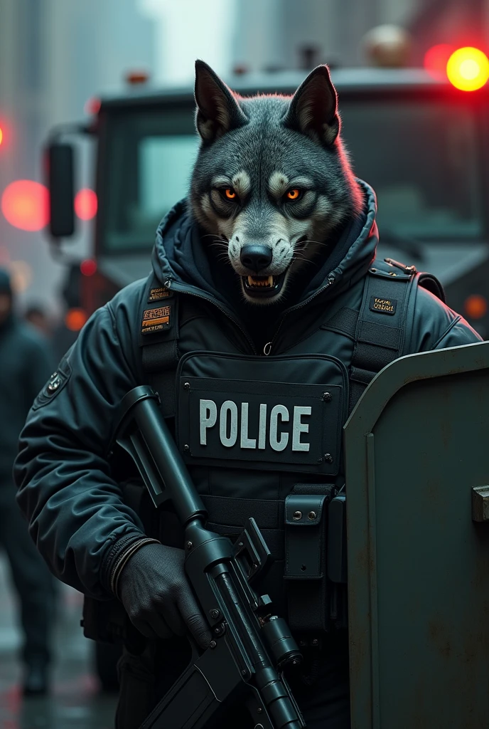 Create a black dog-faced man. he wore a bulletproof vest with police writing and took cover with a Riot Shield. He is a member of the North Eastern cartel. He was next to an armored truck.