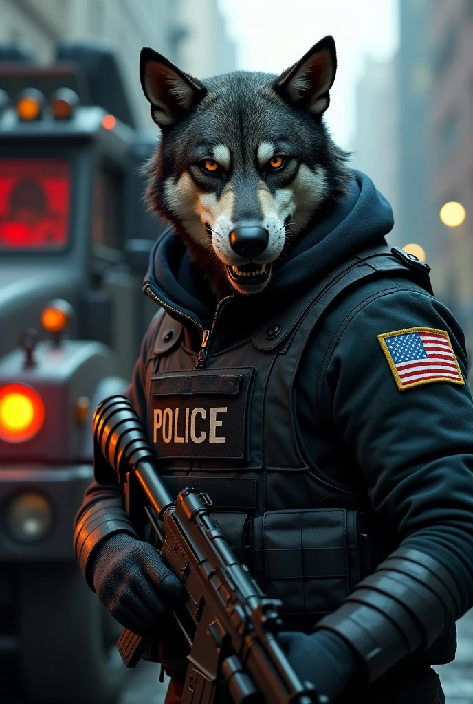 Create a black dog-faced man. he wore a bulletproof vest with police writing and took cover with a Riot Shield. He is a member of the North Eastern cartel. He was next to an armored truck.