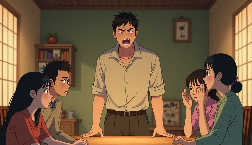 A scene inspired by Studio Ghibli films, depicting a tense moment between a young adult son and his parents. The young man, in his early 20s with a normal build, stands at the center of the room, his face flushed with anger, eyebrows furrowed, and fists clenched. He is shouting, his frustration and fury palpable. His parents, sitting across from him, are stunned, their expressions filled with disbelief. The father is quiet, raising a hand slightly as if trying to calm his son, while the mother looks heartbroken, one hand covering her mouth in shock. The scene is set in a warm, softly lit room with detailed, whimsical background elements typical of Studio Ghibli, adding a gentle contrast to the intense emotions of the characters. Focus on capturing the raw emotion and tension in this moment, with the young man’s anger as the central element, while the parents remain passive and shocked.