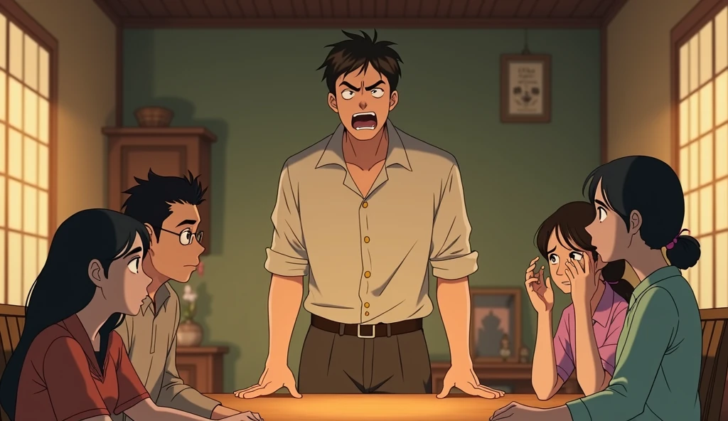 A scene inspired by Studio Ghibli films, depicting a tense moment between a young adult son and his parents. The young man, in his early 20s with a normal build, stands at the center of the room, his face flushed with anger, eyebrows furrowed, and fists clenched. He is shouting, his frustration and fury palpable. His parents, sitting across from him, are stunned, their expressions filled with disbelief. The father is quiet, raising a hand slightly as if trying to calm his son, while the mother looks heartbroken, one hand covering her mouth in shock. The scene is set in a warm, softly lit room with detailed, whimsical background elements typical of Studio Ghibli, adding a gentle contrast to the intense emotions of the characters. Focus on capturing the raw emotion and tension in this moment, with the young man’s anger as the central element, while the parents remain passive and shocked.