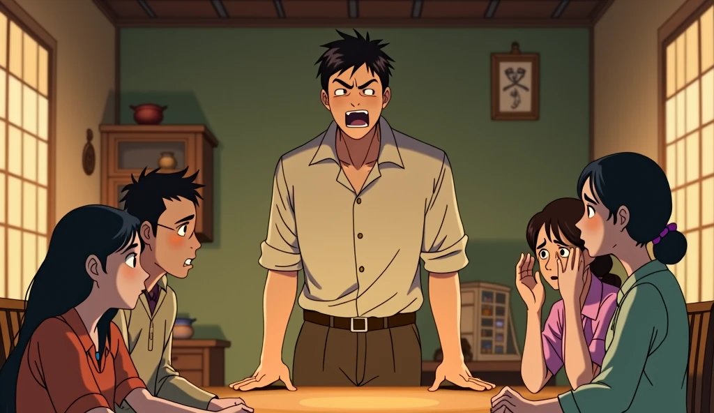 A scene inspired by Studio Ghibli films, depicting a tense moment between a young adult son and his parents. The young man, in his early 20s with a normal build, stands at the center of the room, his face flushed with anger, eyebrows furrowed, and fists clenched. He is shouting, his frustration and fury palpable. His parents, sitting across from him, are stunned, their expressions filled with disbelief. The father is quiet, raising a hand slightly as if trying to calm his son, while the mother looks heartbroken, one hand covering her mouth in shock. The scene is set in a warm, softly lit room with detailed, whimsical background elements typical of Studio Ghibli, adding a gentle contrast to the intense emotions of the characters. Focus on capturing the raw emotion and tension in this moment, with the young man’s anger as the central element, while the parents remain passive and shocked.