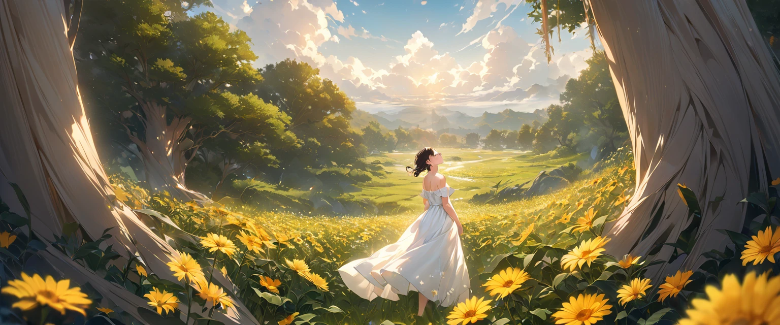 Masterpiece-grade CG, best image quality and detail, photo-level realism (1.4). (1girl), wearing a white dress, slightly exposed shoulders, delicate and shiny skin, smiling, in the garden, surrounded by yellow daisies, slightly raised head to look up at the bright sky, the picture adopts artistic thick painting style, softer luminosity, 4K HD wallpaper, better volumetric cloud effect.
