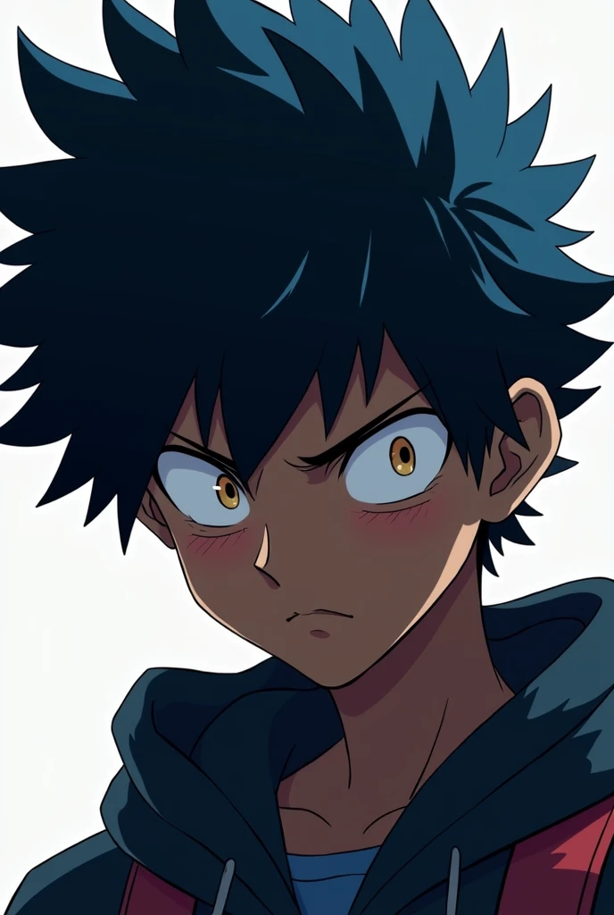 Create a boy who has a haircut that covers his eyes,that the hair is dark blue,that he has a serious expression and that his skin color is dark,that is boku no hero style
