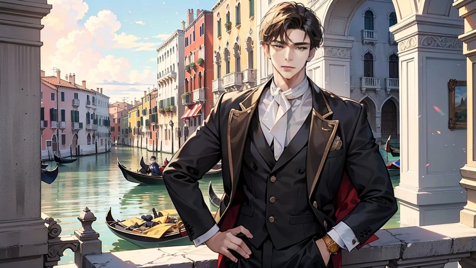 A mature, successful businessman, a modern reincarnation of Constantine the Great, a serious and attractive young man with a kind and earnest expression, a calm and composed demeanor, capable of being resolute when necessary, bright and piercing lion-like eyes, ((deep golden eyes)), in the scenic landscape of Venice at dawn.