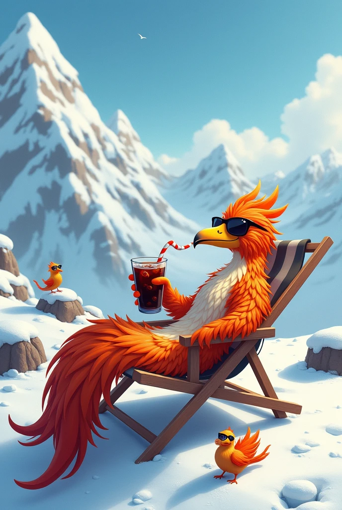 Snow scene, phoenix, on top of a snowy mountain, on vacation, wearing sunglasses, sleeping on a beach chair, holding a large glass, drinking cola with a straw, break, multiple phoenixes playing with snow in the background,