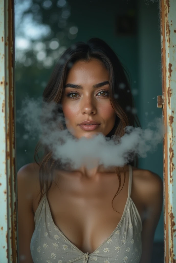 A pretty woman, Venezuelan, smiling, who could become one of the most important influencers on social media, behind an old window, in front of the observer, throwing out his breath, producing condensation of steam on the surface of the window glass