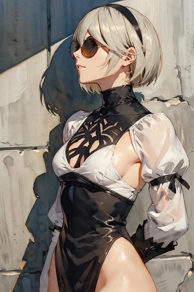 {(masterpiece,best quality, 16K illustration, UHD, extremely detailed the work, detailed beautiful face and eyes and skin and hair)} 
BREAK {?????? face,looking away,enchanting smile,profile,cowboy-shot,from below}
BREAK {solo, (2B of Nier-Automa:1.4)), (perfect female body,small ???????),(lightbrown_lightwhite colored hair:1.4, short cut hair), (medium mouth:1.2),(narrow and sharp eyes:1.4,blue-glay eyes,sparkling eyes:1.1) 
BREAK {(Nier-Automata-2B costume:1.2),(cleavage between ???????:1.2),(black hairband:1.4)} 
BREAK {(small-diameter round darkorange-lens-sunglasses:1.4),(hand on sunglasses:1.4)} 
BREAK {(Part of the stucco wall is brick:1.2),(cast a shadow on the wall:1.2),bullet holes in the wall} 
BREAK,{(anime illustration style:1),(watercolor image:1.2),(sketch drawing),overall dark color}