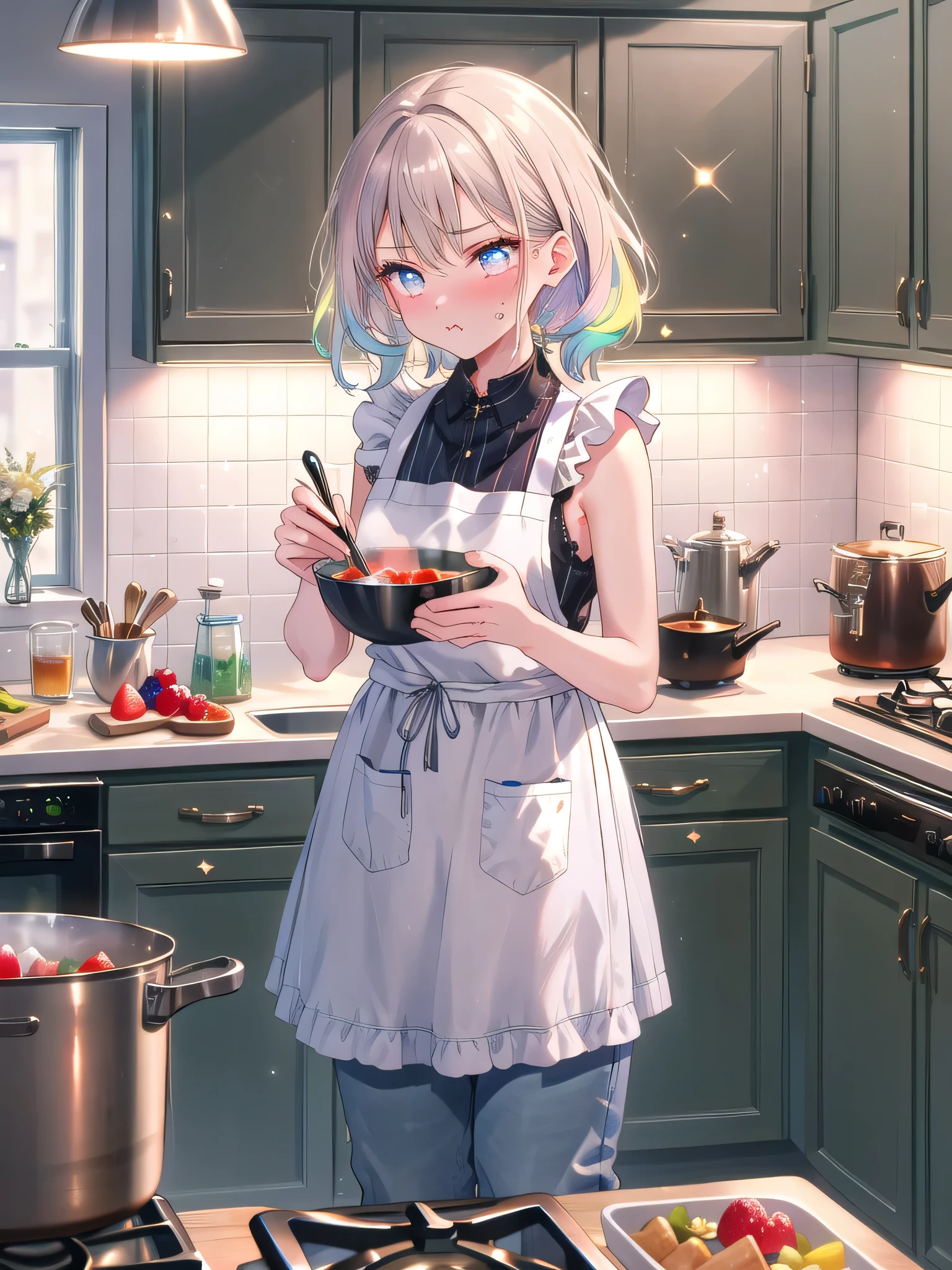 ((8k, Highest quality, masterpiece: 1.3)),Ultra-high resolution,(1 girl, alone), (Color changing eyes, Ultra-detailed, Expressive brilliance, Glitter, Glowing Eyes), Highly detailed eyes, Highly detailed face, Random Hair, ((pastel colour))In the kitchen, a woman is wearing a casual striped apron over a sleeveless top and jeans. She’s in the middle of stirring something in a pot on the stove, but her attention is on the camera. She’s puffing out her cheeks in a mock pout, playfully annoyed at her boyfriend for taking a picture while she’s cooking. The kitchen is bright and modern, with light wooden cabinets and a bowl of fresh fruit on the counter.