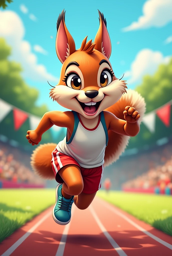 A cute mascot for school olympics 2D cartoon squirrel athlete running