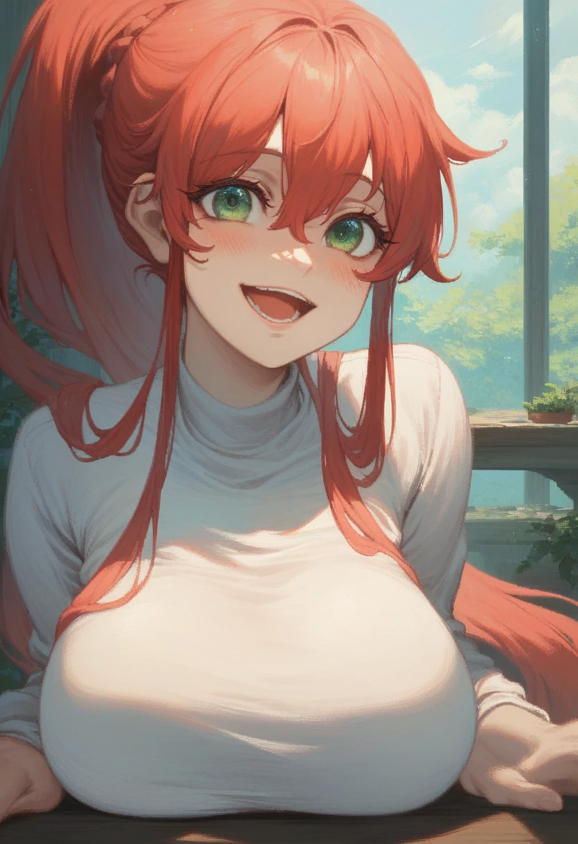 ((Tabletop, Highest quality, High resolution, Hmph, Pixel perfect, Depth of written boundary, 4K, )), One Girl, alone, upon, Beautiful Anime, Beautiful art style, 
close, View your viewers, 
Perfect body,  

Red hair, Long Ponytail, Green Eyes, Large Breasts, 

Blush all over face, smile, Open your mouth, 

Happy, smile, Blushing, 
Beautiful woman, cute,