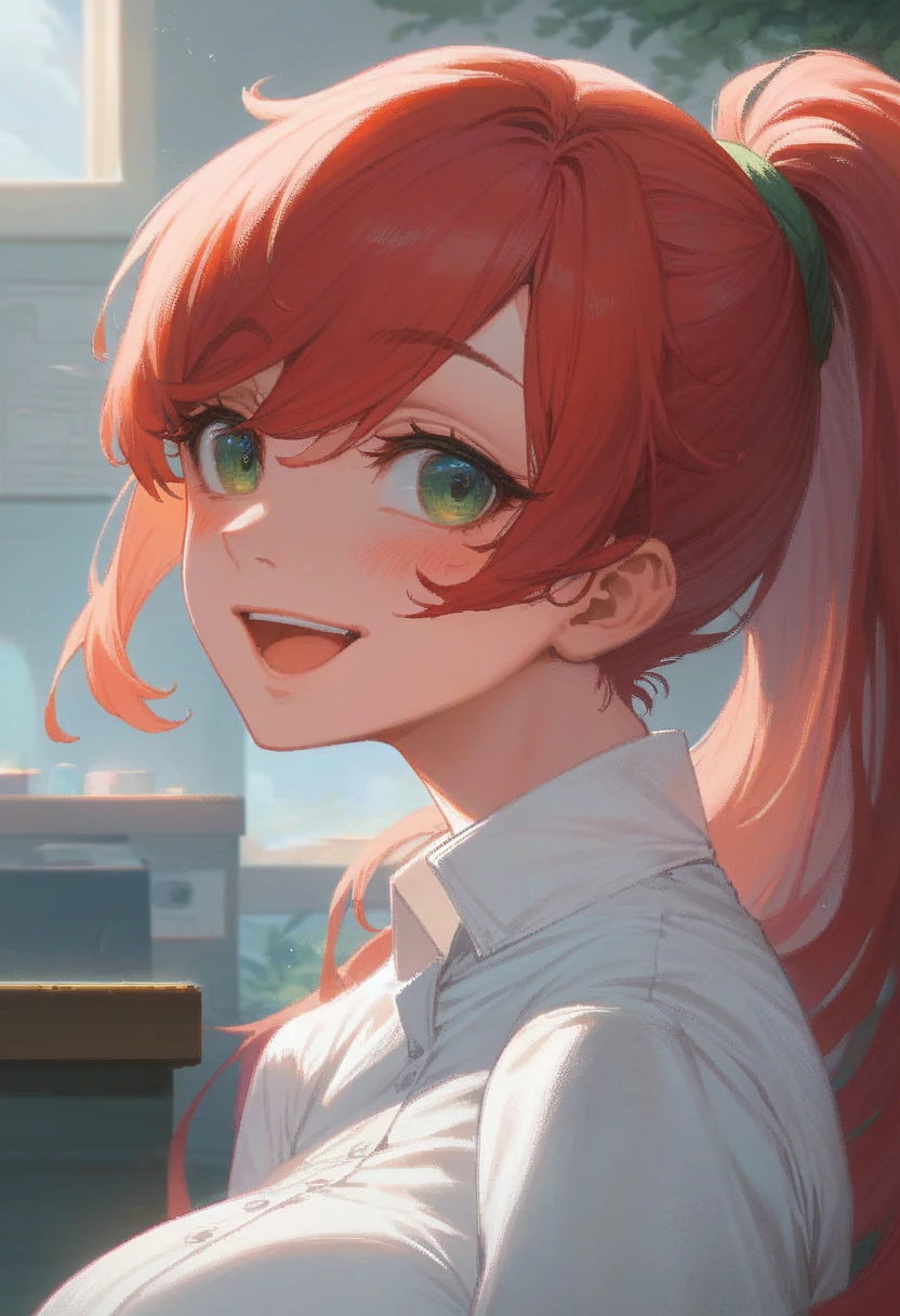 ((Tabletop, Highest quality, High resolution, Hmph, Pixel perfect, Depth of written boundary, 4K, )), One Girl, alone, upon, Beautiful Anime, Beautiful art style, 
close, View your viewers, 
Perfect body,  

Red hair, Long Ponytail, Green Eyes, Large Breasts, 

Blush all over face, smile, Open your mouth, 

Happy, smile, Blushing, 
Beautiful woman, cute,