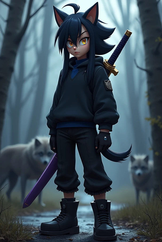 A male Sonic-style teenage character with long, short black hair, with hair covering a little on the right side of the eye and with a slightly large ponytail, with big yellow eyes, with thick black sweatshirt with dark blue turtleneck shirt, black pants and black men&#39;s boots, with black gloves, and with 1 purple sheathed Katana on the back.
chap: wolves
