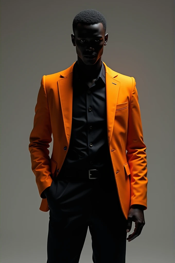 Propose moi un homme habillé en tout noir et avec une veste courte de couleur unique orange seulement sur lui