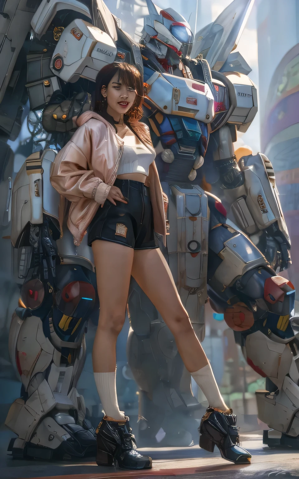 anime girl in short shorts and jacket standing next to giant robot, artwork in the style of guweiz, cyberpunk anime girl mech, trending on cgstation, guweiz, by Russell Dongjun Lu, digital cyberpunk anime art, ross tran 8 k, guweiz on artstation pixiv, girl in mecha cyber armor, Artgerm Syd Mead, Ralph Mc Quarrie ,Franklin Franzetta,Milo Manara, Alex Toth, Franklin Stewart, Al Buell Style Realism Artstation HD Realism Octane 10 realism Unreal Engine 10, Realistic and ornate, detailed, cinematic, 4k, 8K, 3D