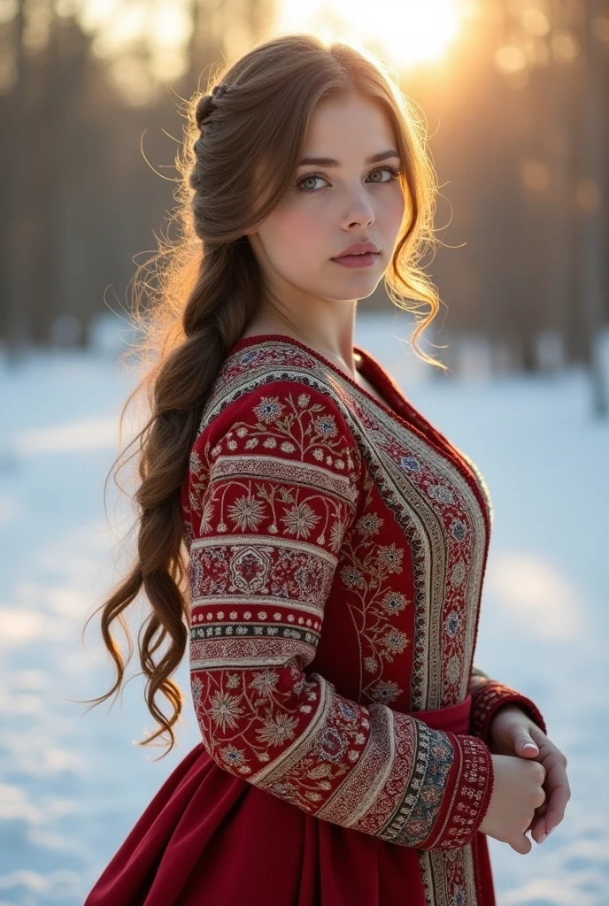 traditional russian women's clothing, hands on waist, outdoors, snow, beautiful sun rays, brunette, young, braid, large breast, no makeup, beautiful, snow, side view, looking at the viewer, full body,