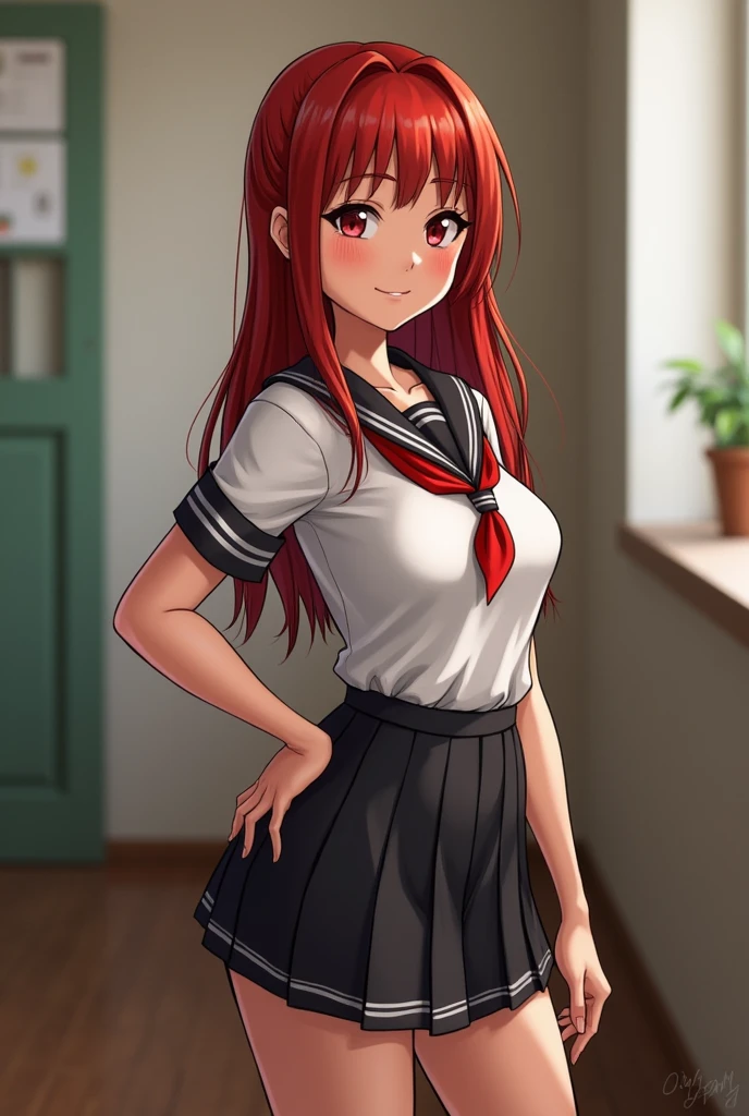 Young girl with red hair he wearing school unifrom Make her more cute big boobs and age 22 big boobs More