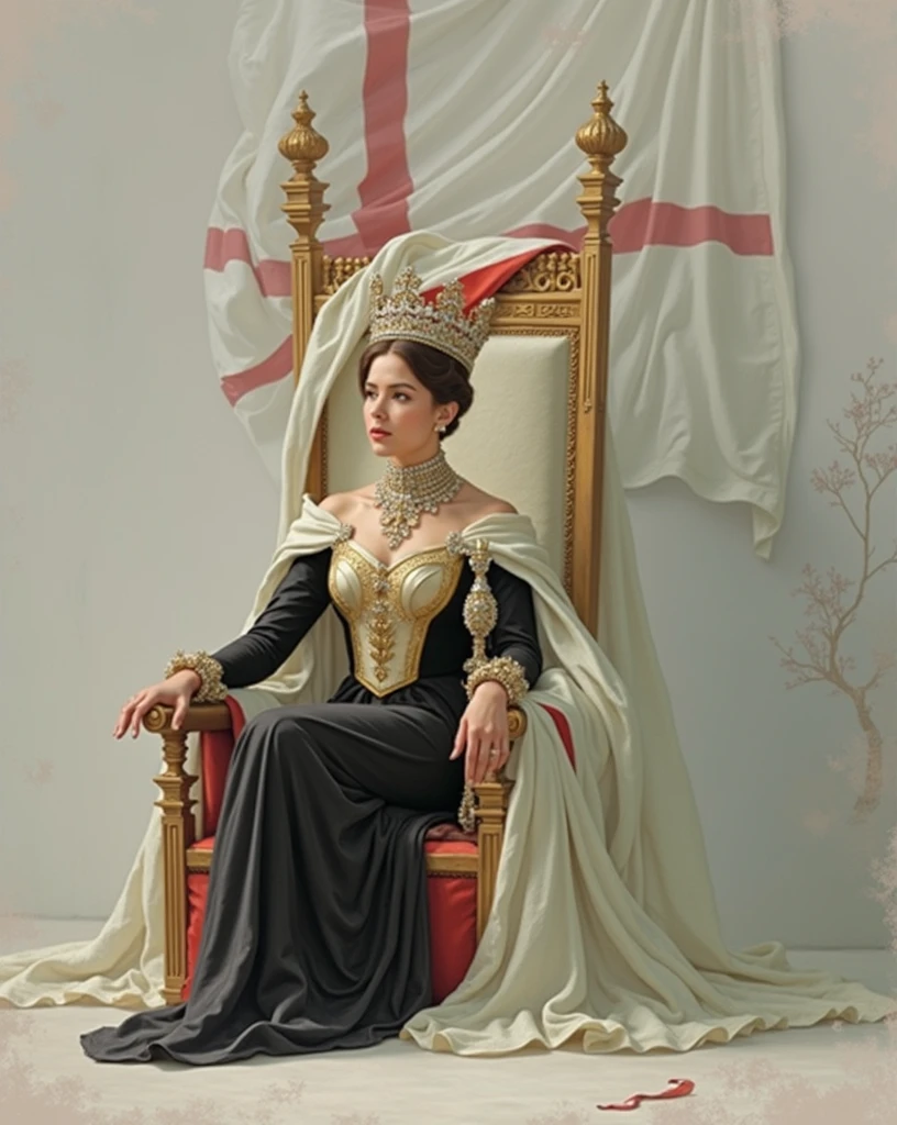 The beautiful young Queen of England。all-body。Sitting on a throne、Wearing the crown、Holding a scepter and a jewel。Flag of England in the background. Make her face exactly without changing anything "image tip.