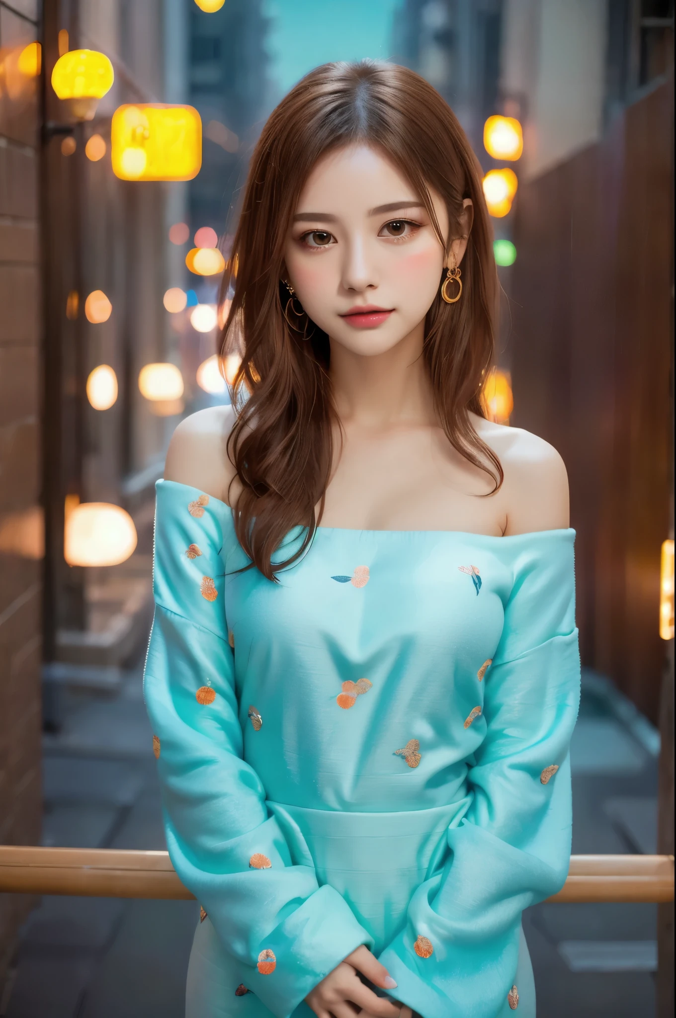 One Girl, Simple Background, Gal, The background is a realistic illuminated cityscape., bokeh photography, (soft focus):1.2, out-of-focus highlights, dreamy ambiance, glowing circles, mesmerizing depth, Depth of written boundary