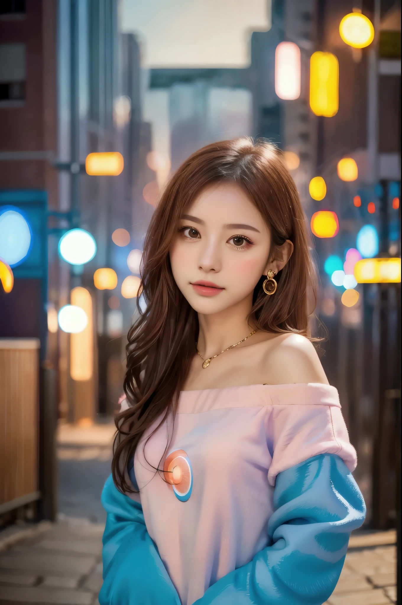 One Girl, Simple Background, Gal, The background is a realistic illuminated cityscape., bokeh photography, (soft focus):1.2, out-of-focus highlights, dreamy ambiance, glowing circles, mesmerizing depth, Depth of written boundary