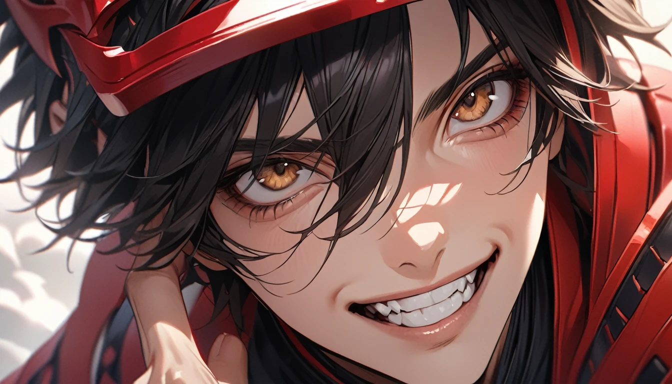 face shot, close-up of eyes, Samurai with crimson helmet and crimson samurai mask, He holds the crimson samurai mask on his face with one hand, Determined eyes peek out from between the samurai mask and fingers, Traditional Japanese armor with dignified workmanship on the helmet and visor, male, 20yo, brown eyes, hazel eyes, black hair, Smile showing teeth, side part, short hair, master piece, ultra detailed, hyper realistic,