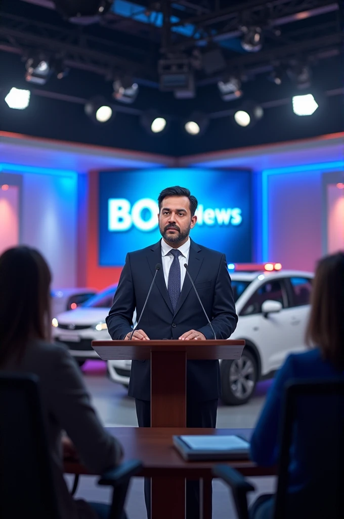Create a press man image and take right hand mike and bol news hd logo fix back side bol news car and persons