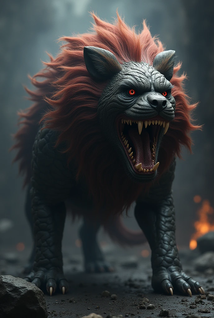 a Foo Dog, lion-maned, hell keeper, mouth  scary