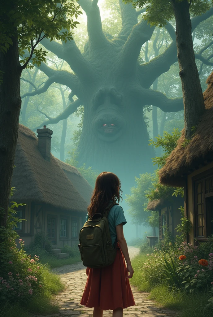 I want an image with this theme: In a small village near the forest lived a girl named Ailén. She was curious and brave, Always dreaming of adventures and faraway places. Ailén had heard stories of the Whispering Forest since she was very little., But they always told him it was dangerous to enter it.. However, curiosity got the better of me, and one day, She decided it was time to discover for herself the truth behind the whispers..