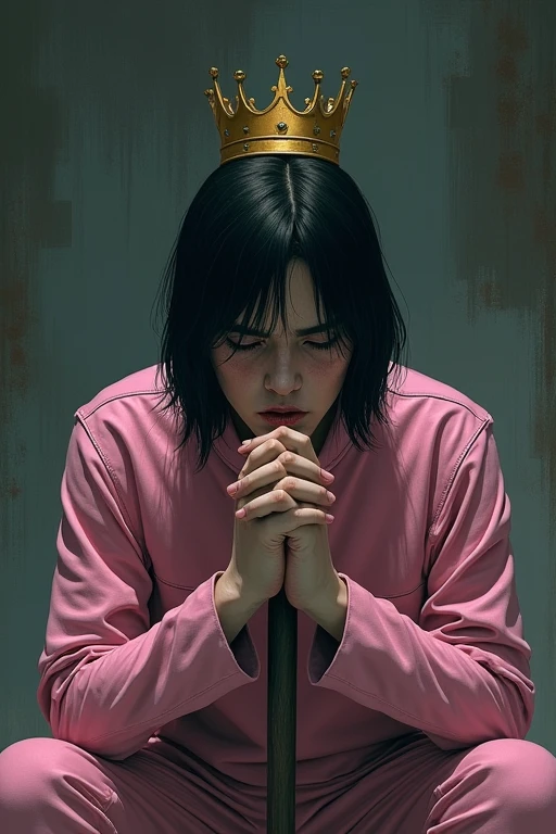 Black hair, man, droopy eyes, frightened face, holding an axe, wearing pink clothes, praying pose, wearing a crown