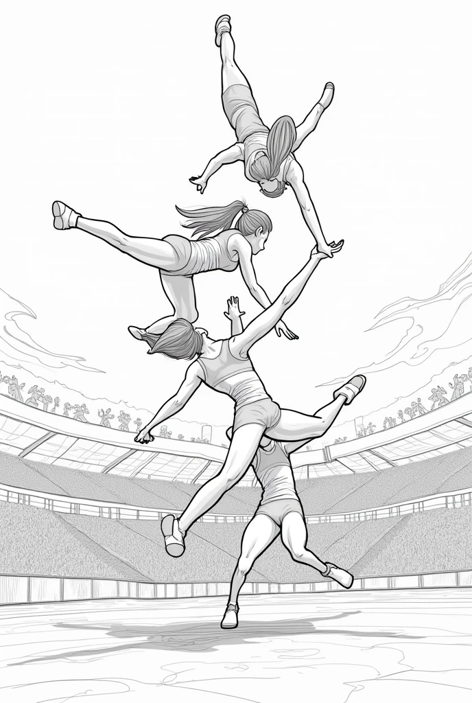 A drawing outline of stunt cheerdance. Landscape