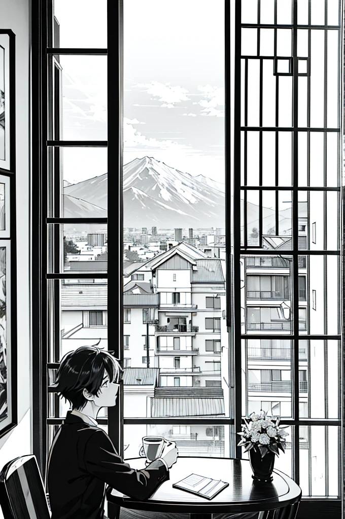  4 Manga panel, the first panel is small and displaying a view of a mountain, the second panel display a man on a balcony of an average anime apartment, the man is looking at the Sunrise at the distant while holding onto the fence of the balcony, the third panel displaying the man cloe up, the fourth panel displaying a cup of coffe at the table