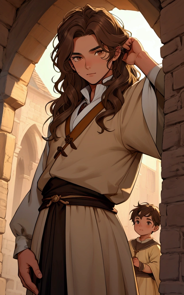 Create a male child character, who has straight brown hair at the roots and wavy at the ends, honey brown eyes, wears medieval clothes