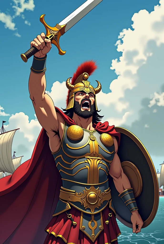 Agamemnon from Greek mythology, leading the army to the Trojan War, ((anime styling)), detailed mycenaean armor, maximum quality, wearing a Mycenaean helmet with small horns, using a sword and shield, pointed sword upwards, making a war cry. 