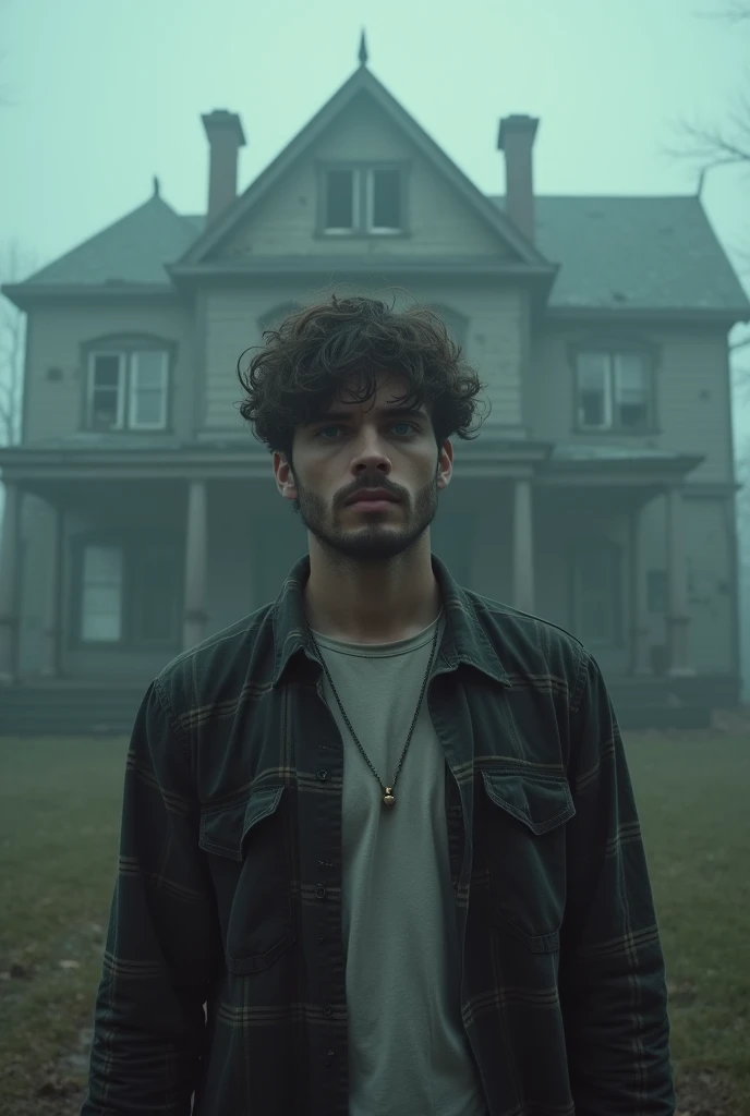 Mateo, a twenty-six-year-old man, stands in front of the camera, enveloped by the cold, dense fog that permeates the mansion. He has fair skin, unshaven beard and short brown hair, disheveled by the humidity of the environment. Her green eyes are intense, reflecting a mixture of caution and curiosity. Mateo wears a flannel shirt over a simple T-shirt, revealing a combination of casual style with a readiness for the unexpected. His breathing is short but controlled as he tries to hide the growing fear he feels about being in such an isolated place. The gloomy, stately mansion rises behind him, with broken windows and a crumbling façade, as if the place is waiting for its next victim. Mateo knows something is watching him from inside the house, but he remains still, staring at the camera as if determined to face the coming terror."