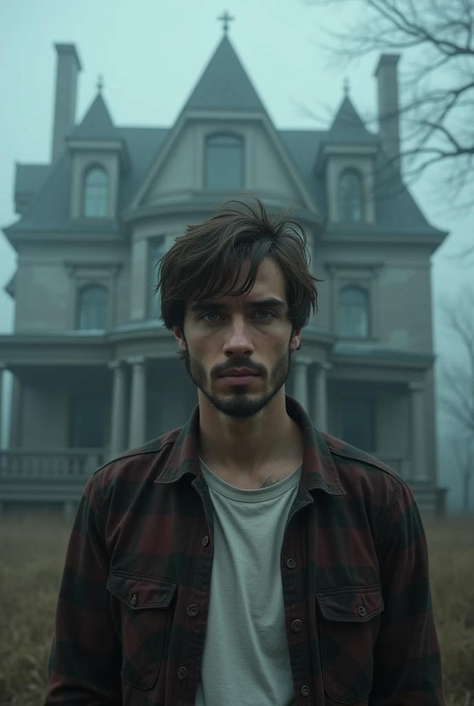 Mateo, a twenty-six-year-old man, stands in front of the camera, enveloped by the cold, dense fog that permeates the mansion. He has fair skin, unshaven beard and short brown hair, disheveled by the humidity of the environment. Her green eyes are intense, reflecting a mixture of caution and curiosity. Mateo wears a flannel shirt over a simple T-shirt, revealing a combination of casual style with a readiness for the unexpected. His breathing is short but controlled as he tries to hide the growing fear he feels about being in such an isolated place. The gloomy, stately mansion rises behind him, with broken windows and a crumbling façade, as if the place is waiting for its next victim. Mateo knows something is watching him from inside the house, but he remains still, staring at the camera as if determined to face the coming terror."