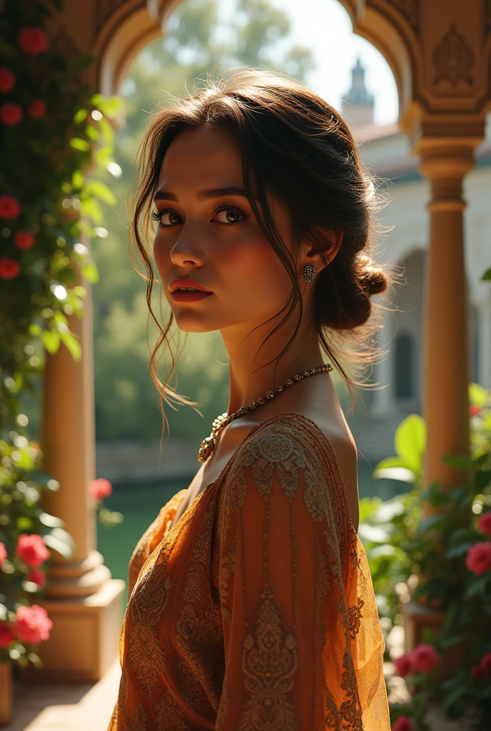 a beautiful girl in a lush islamic garden, detailed face and eyes, long eyelashes, detailed clothing, intricate floral patterns, ornate architecture, ornate calligraphy, dramatic lighting, warm color palette, cinematic composition, detailed textures, photorealistic, hyper detailed, 8k, masterpiece