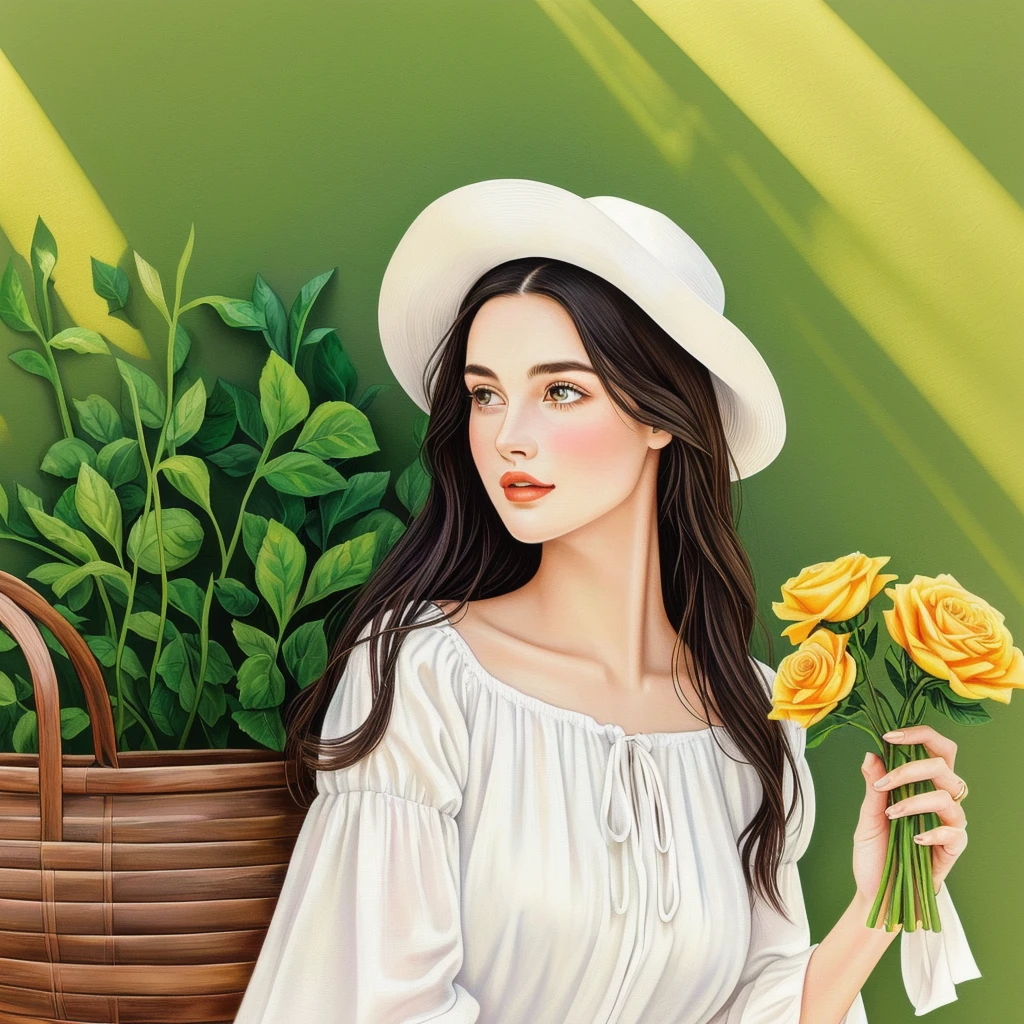 A realistic oil painting of a young woman with long black hair wearing a white hat, has a beautiful face, big brown eyes, beautiful eyebrows, reddish lips, thin lips. She wears a white shirt made of smooth fabric, with a white ribbon tied at her neck, and the edges of the sleeves are decorated with light sheer fabric. She leans her right elbow on the wooden table, with her left hand holding a brown wooden spatula. Behind her are many vegetables and fruits, including dark green broccoli, bright red tomatoes, a cluster of dark green leaves, red strawberries, purple flowers, pink roses, small black peppercorns, orange carrots, yellow ginger, white garlic, green asparagus, a brown watering can, a brown wicker basket, a glass bottle of olive oil, and sunlight gently hitting the picture.
