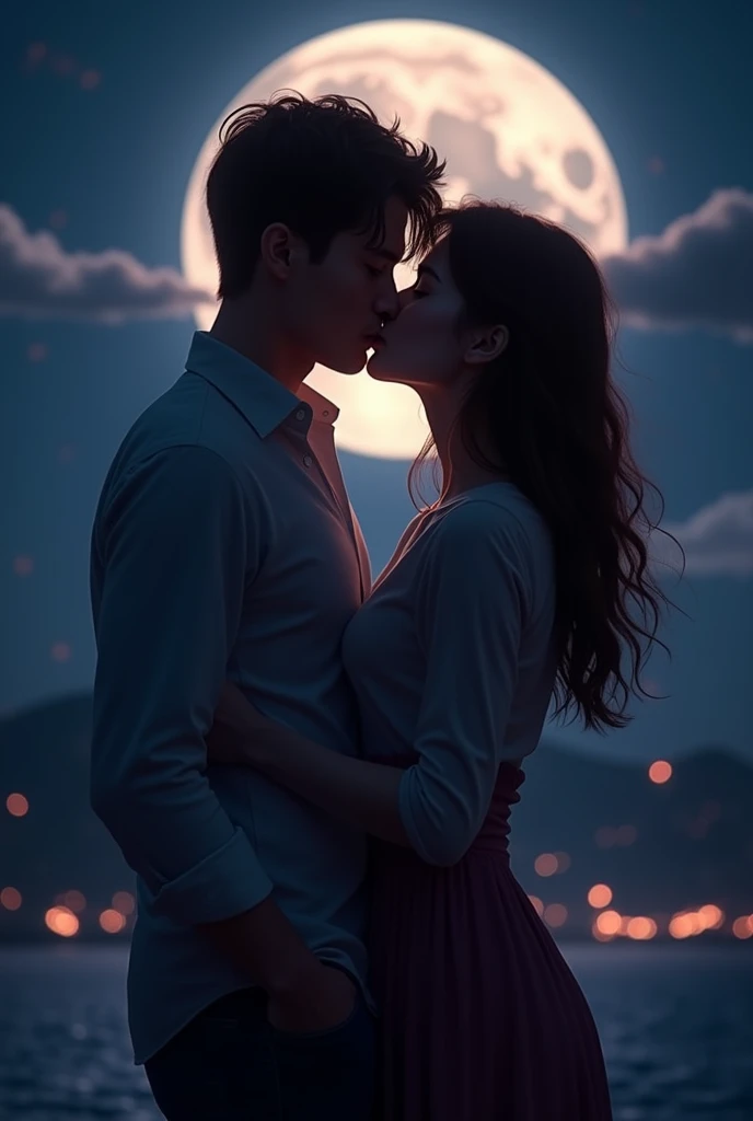 real,a couple kissing , male and female, brown hair, night time , hands in pocket
