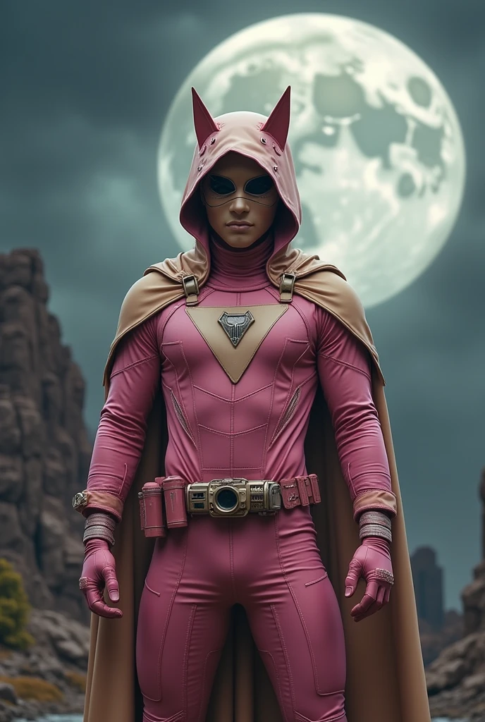 high-tech suit, vivid effects, malaysian superhero (KELUANG MAN) in a striking pink and beige costume cyberpunk design, mask small mini bat ear beige, daredevil biage mask, jumpsuit dark pink stands confidently in a dramatic, stormy landscape. ((Head covered node guard))The character wears domino mask a helmet with pointed mini torn ears and a flowing cape biege, open nose and mouth. Equipped with visible futuristic weapons on a belt, dark day, dark night, big supermoon effect .logo on chest triangle shape small punisher logo center triangle cyber logo center on chest pink logo . rocky. Building top. , adding to --ar 3:4 --style raw --stylize 500 --v 6.1