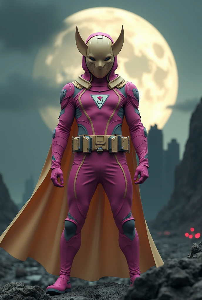 high-tech suit, vivid effects, malaysian superhero (KELUANG MAN) in a striking pink and beige costume cyberpunk design, mask small mini bat ear beige, daredevil biage mask, jumpsuit dark pink stands confidently in a dramatic, stormy landscape. ((Head covered node guard))The character wears domino mask a helmet with pointed mini torn ears and a flowing cape biege, open nose and mouth. Equipped with visible futuristic weapons on a belt, dark day, dark night, big supermoon effect .logo on chest triangle shape small punisher logo center triangle cyber logo center on chest pink logo . rocky. Building top. , adding to --ar 3:4 --style raw --stylize 500 --v 6.1
