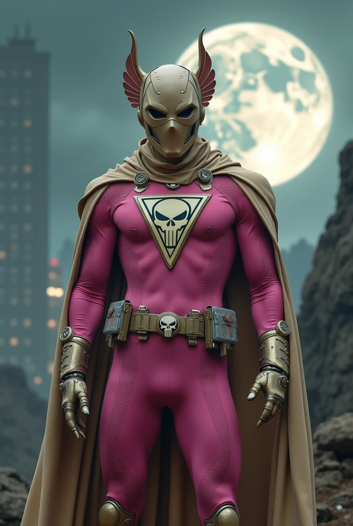 high-tech suit, vivid effects, malaysian superhero (KELUANG MAN) in a striking pink and beige costume cyberpunk design, mask small mini bat ear beige, daredevil biage mask, jumpsuit dark pink stands confidently in a dramatic, stormy landscape. ((Head covered node guard))The character wears domino mask a helmet with pointed mini torn ears and a flowing cape biege, open nose and mouth. Equipped with visible futuristic weapons on a belt, dark day, dark night, big supermoon effect .logo on chest triangle shape small punisher logo center triangle cyber logo center on chest pink logo . rocky. Building top. , adding to --ar 3:4 --style raw --stylize 500 --v 6.1