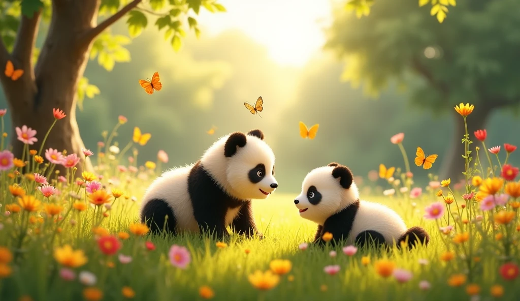 I'm glad you liked the story! Here are some image prompts for each scene:

Scene 1:
"A curious little baby, Emma, crawling through a sunny meadow, surrounded by vibrant flowers and towering trees."

Image prompt: A colorful illustration of Emma crawling, with a big smile on her face, amidst a lush meadow landscape.

Scene 2:
"Emma discovers a baby panda, Ping, in the meadow, with a surprised expression on her face."

Image prompt: A heartwarming illustration of Emma's face lighting up as she finds Ping, with the little panda looking up at her with big, round eyes.

Scene 3:
"Emma and Ping cuddle and play together in the meadow, surrounded by butterflies and wildflowers."

Image prompt: A whimsical illustration of Emma and Ping snuggled up, surrounded by fluttering butterflies and colorful wildflowers, with a bright sunshine in the background.

Scene 4:
"Emma and Ping go on adventures, exploring the meadow and chasing after butterflies."

Image prompt: A dynamic illustration of Emma and Ping running and laughing together, with butterflies leading the way, amidst a beautiful meadow landscape.

Scene 5:
"Ping's mother, a gentle giant, appears, and Emma introduces her to Ping, with a happy reunion."

Image prompt: A touching illustration of Emma, Ping, and Ping's mother reunited, with a warm and cozy atmosphere, showcasing their special bond.

Scene 6:
"The three spend their days together, exploring and playing, with a sunny meadow landscape in the background."

Image prompt: A joyful illustration of Emma, Ping, and Ping's mother enjoying a picnic or playing a game together, surrounded by a vibrant meadow landscape.

Feel free to use these prompts to create your own illustrations or visualizations of the story!