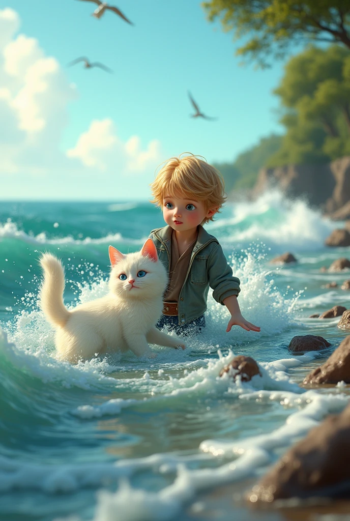 A child was drowning in the sea. He looked very A child was drowning in the sea. He looked very distressed. He is a very small child. He is fair, an English man. His hair is golden in colour. He is very handsome. Then a cat comes to him from the seashore. It is chubby, beautiful, very innocent, and is wearing clothes whose hair are white like feathers. It comes on its knees from the seashore and comes very close to the boy, holds his hand with its hand and tries to bring him out of the sea. The background is of the sea and there are trees too, birds are flying in the sky, the waves of the sea are also strong.image in 3d animation 