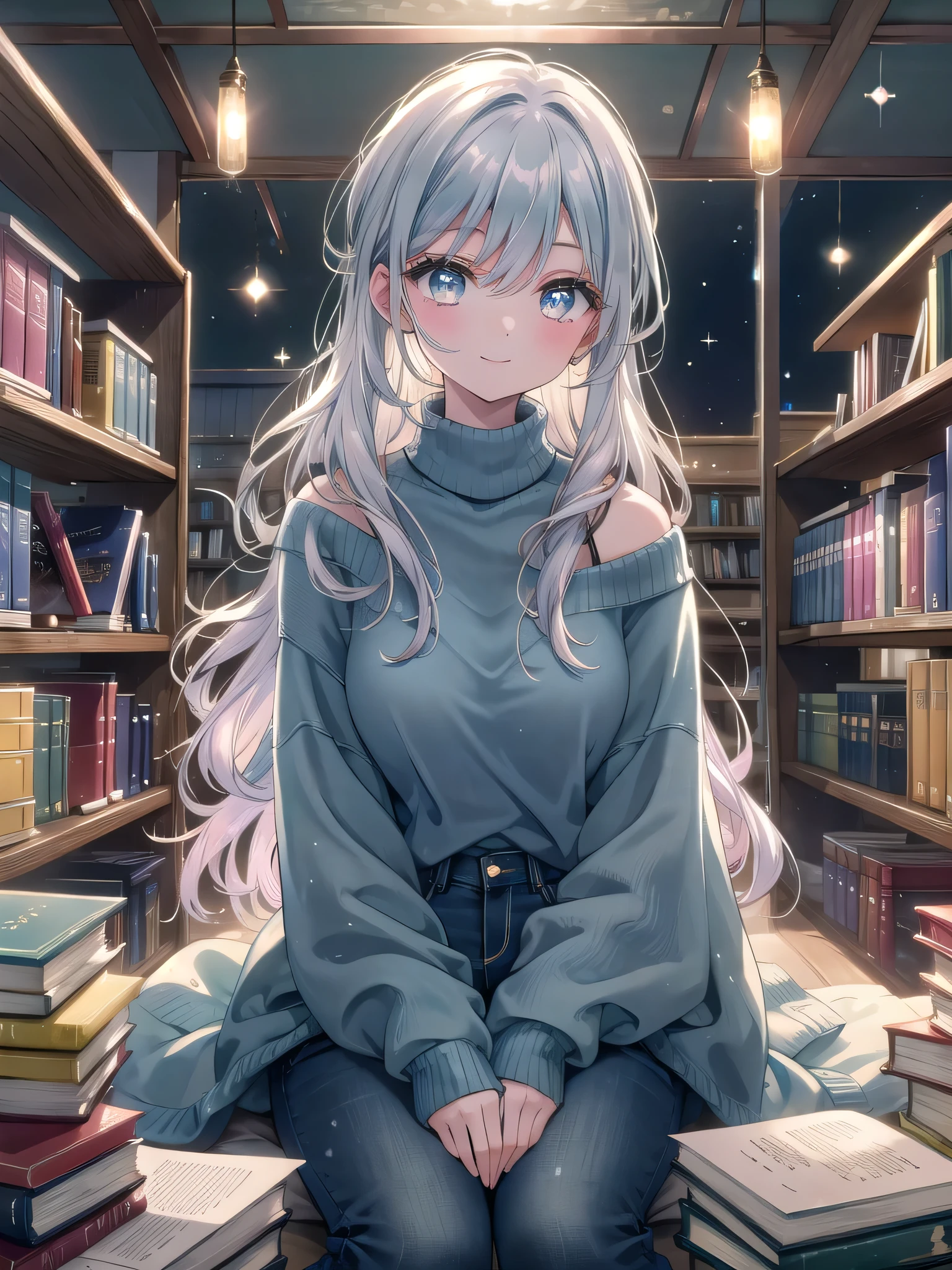 ((8k, Highest quality, masterpiece: 1.3)),Ultra-high resolution,(1 girl, alone), (Color changing eyes, Ultra-detailed, Expressive brilliance, Glitter, Glowing Eyes), Highly detailed eyes, Highly detailed face, Random Hair, ((pastel colour))A cozy bookstore with wooden shelves filled with books, soft armchairs, and a warm atmosphere. The woman is wearing a light, knitted sweater in a pale blue color and dark jeans. She’s sitting on the floor with her back against a bookshelf, a book in her lap, but she’s looking up at the camera with a content, relaxed smile. Expression: A gentle, contented smile. Details: Her hair is in loose waves, cascading over her shoulders. The warm, ambient lighting adds to the comforting, homely feel of the bookstore.