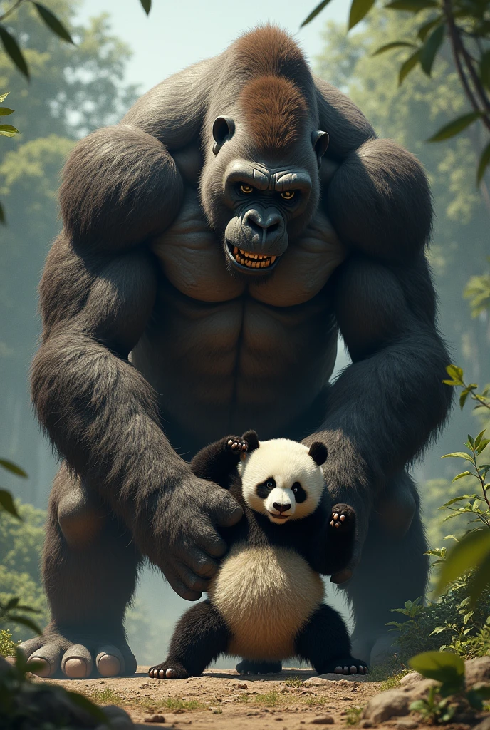I want one of the big gorilla, with lots of muscles and scars, stepping on a small panda's head and the panda becomes scared and the gorilla becomes more threatening and less like an ai, I want the gorilla to literally be stepping on the panda's head